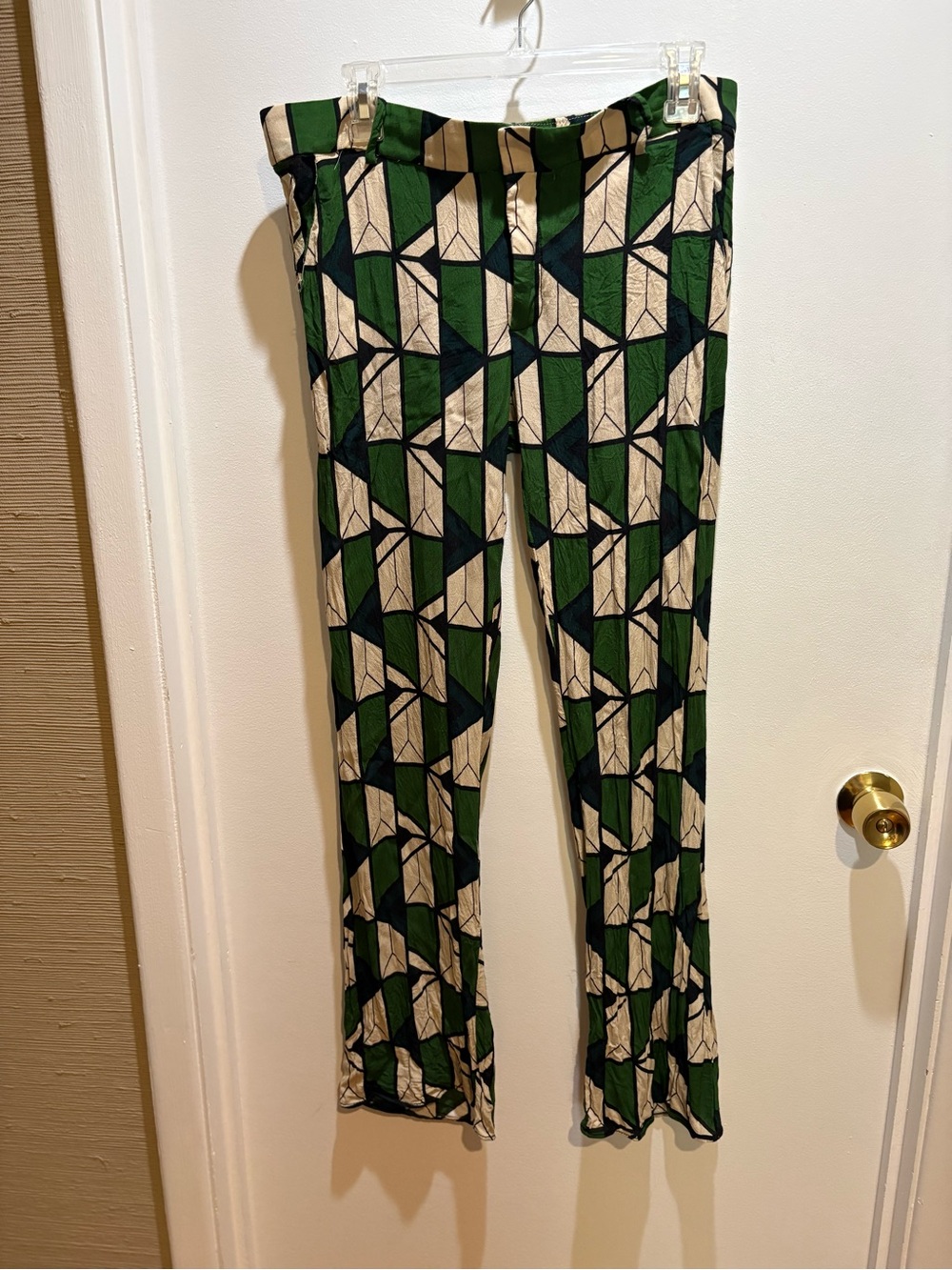 Zara Green, Cream & Black Geometric Women's Pants